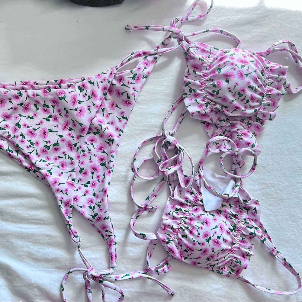 Pink Flower Triangle Bikini - image 3